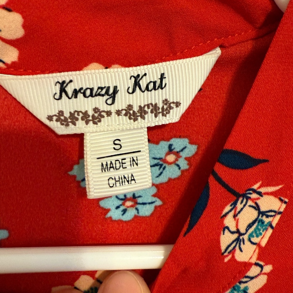 2/$15 Krazy Kat - Red Floral Blouse with 3/4 Bell Sleeves | Size S - Picture 6 of 8